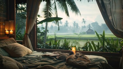 A comfy room with sofa, a window view of country, quiet rice field coconut tree , candle on the...