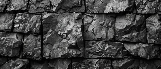 A black and white background with black rock texture. Close-up. A stone wall background with copy space. A wide banner.