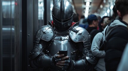 Fototapeta na wymiar Medieval Knight in Armor Texting on Smartphone