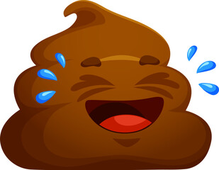 Cartoon poop emoji laughing loud, funny poo excrement with LOL face, vector character. Happy toilet shit emoticon or smile with laugh into tears face expression, stinky smelling comic poop emoji