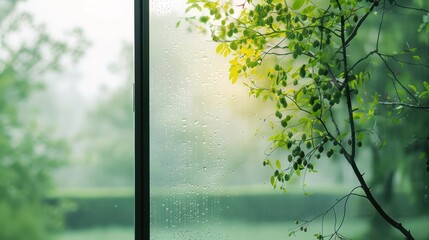 a green nature behind a foggy glass