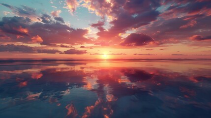 Naklejka na ściany i meble Dazzling reflections of a coastal sunset on the mirrored surface of a calm, shallow lagoon.
