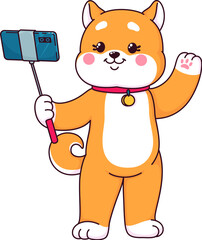 Cartoon Japanese happy Shiba Inu dog character making selfie photo with mobile phone, vector kawaii animal. Cute puppy pet dog Shiba Inu waving Hi with paw for photo on selfie stick for kids emoji