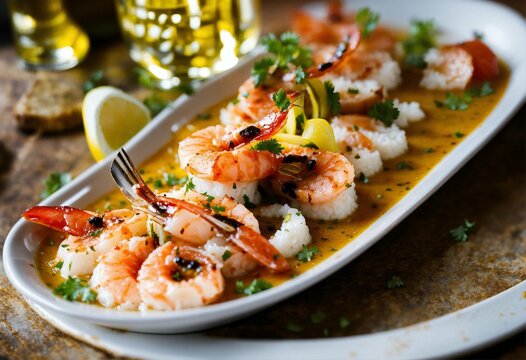 Capture the essence of a tapas plate filled with gamba ajillo a single image for our recipe website. Show off its golden, lacy texture and the perfect balance. Make our readers crave a bite just by lo