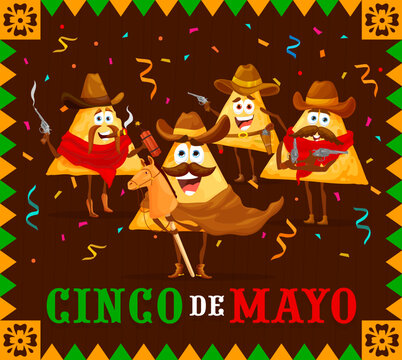 Cinco de Mayo banner. Cartoon funny nachos chips cowboys and bandits. Cinco de Mayo celebration, Hispanic culture holiday or latin party vector poster with mexican snack funny cowboy personages