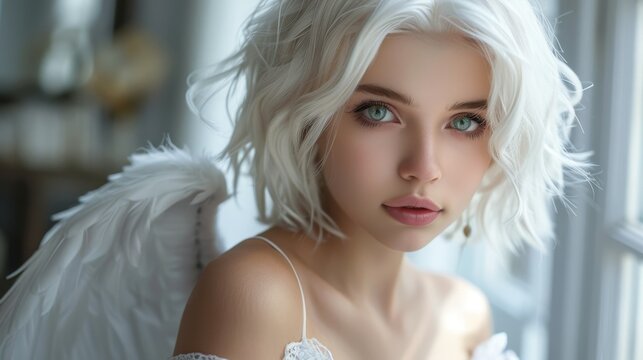 Angel woman, Beautiful kind holy girl, with white large wings, Paradise, innocence