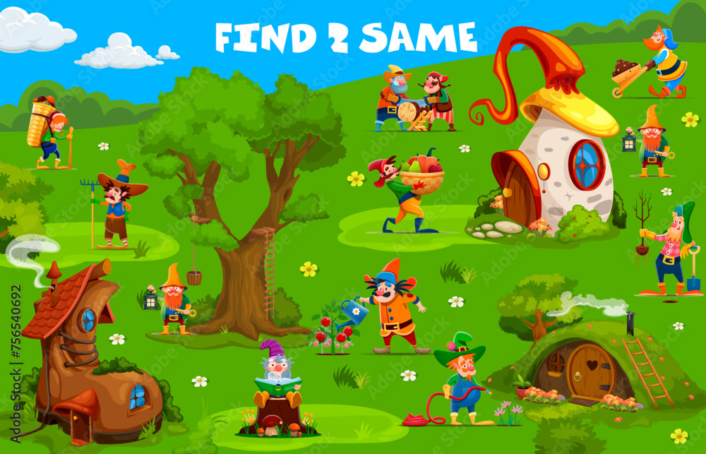 Poster find two same cartoon garden gnome or dwarf character kids game worksheet. vector educational childr