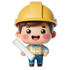 3d cute engineer character in a safety vest and hard hat, holding a blueprint roll, 3d character.