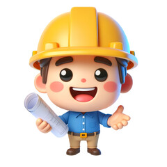 Obraz na płótnie Canvas 3d cute engineer character with a hard hat and blue shirt, holding a blueprint roll, 3d character.