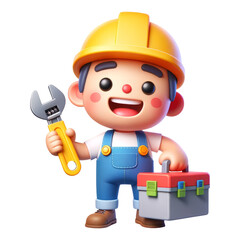 3d cute engineer character in overalls and a hard hat holding a wrench and toolbox, 3d character.