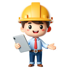 3d cute engineer character with a hard hat and tie, holding a tablet, 3d character.