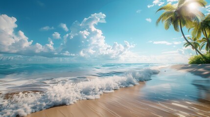 Sun-kissed waves gently crashing on a secluded sandy beach, with a vibrant blue sky above and palm...