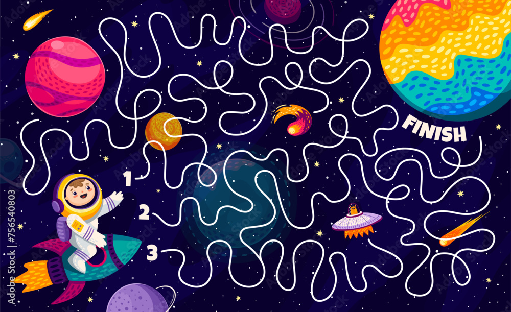 Poster kids galaxy space labyrinth maze game. kid astronaut finding a planet. maze kids riddle, search path