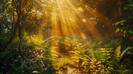Sunlight filtering through a dense forest canopy, casting a warm glow on a path surrounded by ferns...