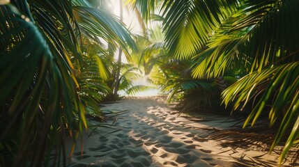Fototapeta na wymiar Sunlight filtering through lush palm leaves, creating a play of shadows on a sandy path leading towards the ocean.