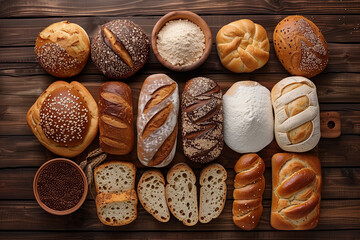 Top view of different bread and loaf on wooden background - obrazy, fototapety, plakaty