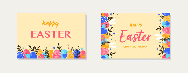 Trendy Easter greeting cards collection. Design of a background with eggs, rabbits and flowers. Vector illustration