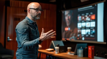 a man gives a presentation at a conference table, award-winning, interactive experiences