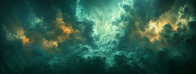 Thunderclouds. A dark blue and green sky against a dramatic sky background. Web banner. Epic scene. Majestic, magical, creepy, fantastic, horror, mystical. - obrazy, fototapety, plakaty