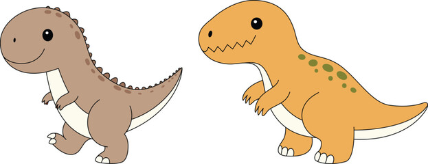 Cute Velociraptor And Tyrannosaurus Rex Dinosaur Illustration. Cute flat dinosaurs isolated on white background © Saly