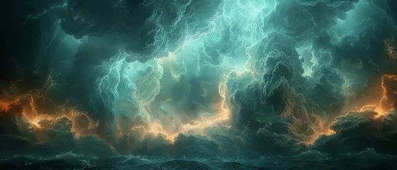 Fotobehang A dark blue-green sky with thunderclouds. A dramatic sky background with some copy space for your design. A web banner. A scene that is epic, magical, creepy, fantastic, horror, and mystical. © Diana