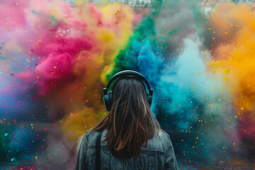 a person with headphones and colour explosion in the background