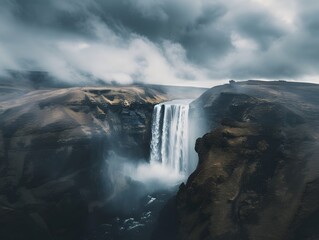 Aerial view of an Icelandic waterfall under dark clouds, showcasing a cinematic and moody landscape in black and brown tones through long exposure photography.