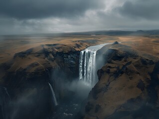 Award-winning drone capture of a majestic Icelandic waterfall, under a brooding sky, with expert color grading and sharp focus, highlighting the moody landscape.