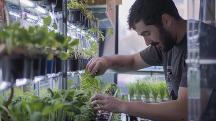 a man working with vertical aeroponic farming with rows and rows of plants that are stuck directly into small holes in the pipeline