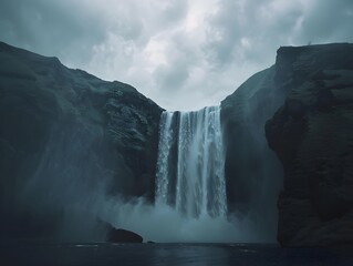 Low-angle drone shot capturing the majestic Skógafoss Falls in Iceland against a moody sky, taken with a Sony Alpha A7 III.