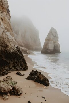 Foggy Portuguese beach scene with rocks and sand captured in natural light, showcasing a serene beige palette in an Unsplash-style photograph.