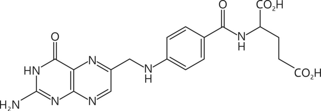 Vitamin b9, or folic acid, has a molecular formula c19h19n7o6. Its structure includes a pteridine ring, para-aminobenzoic acid, and a glutamic acid residue. Vector chemical structure or scheme