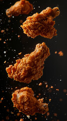 Crispy chickens floating in the air. Food photography.