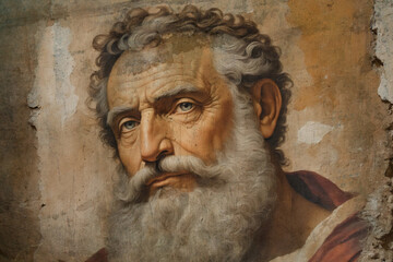Alte Wand als Leinwand mit einem biblischen Männerporträt.Moses , Abraham. Der Putz bröckelt ab.