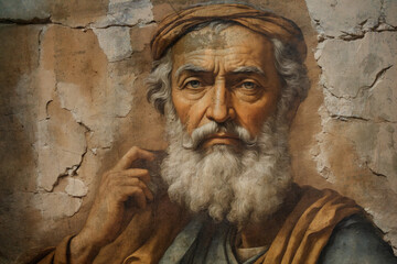 Alte Wand als Leinwand mit einem biblischen Männerporträt.Moses , Abraham. Der Putz bröckelt ab. - obrazy, fototapety, plakaty