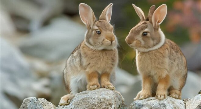 a pair of rabbits on a rock footage