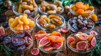 Mix of Dried Fruits and Fruit Blends Featured on Wooden Table