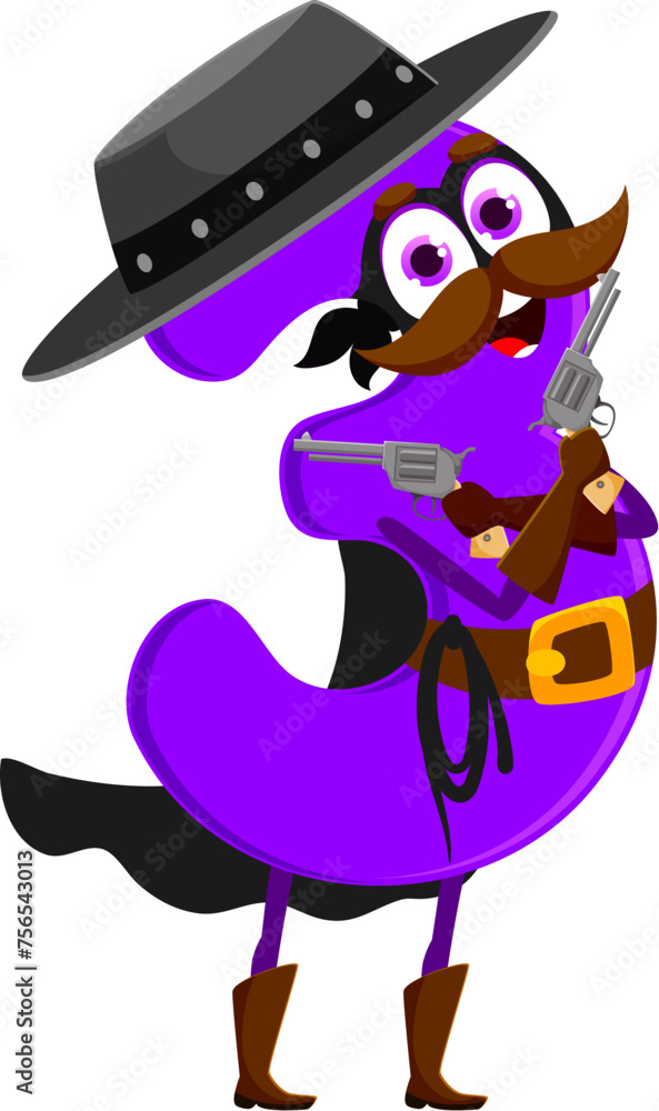 Poster cartoon cowboy and robber math number three character brandishes guns with a numerical flair. isolat