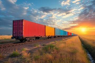 Fototapeta premium Wagon of freight train with containers on the sky background