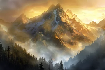 Papier Peint photo Gris 2 A dramatic mountain landscape at dawn, with misty peaks and golden hues, ideal for a message of inspiration or adventure