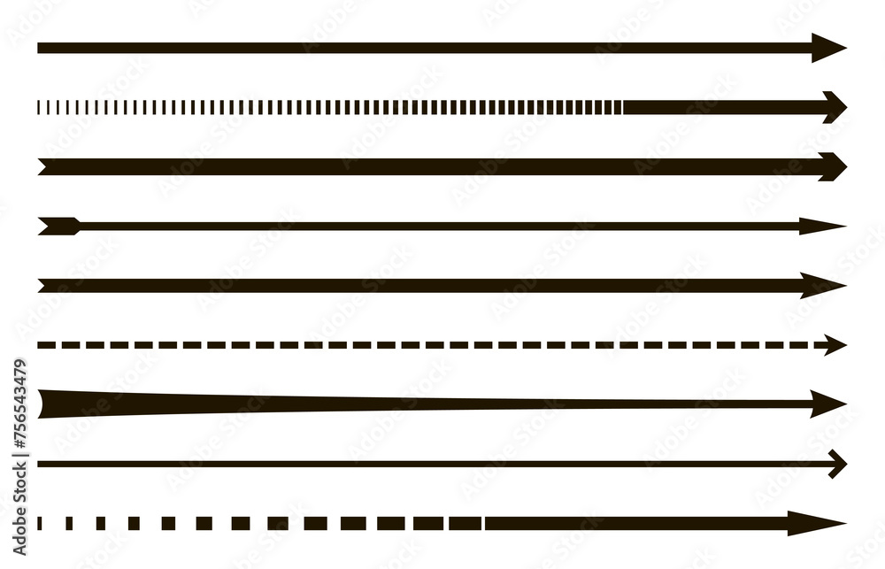 Poster Straight long arrows pointing to the right. Vector black thick, thin and dashed line arrow glyphs with bold arrowheads. Isolated oblong pictograms for orientation and navigation, moving forward signs