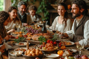 A nostalgic portrayal of Italian family ties, this photo showcases generations gathered around a rustic table, savoring traditional dishes and sharing laughter in the warm glow of togetherness - obrazy, fototapety, plakaty