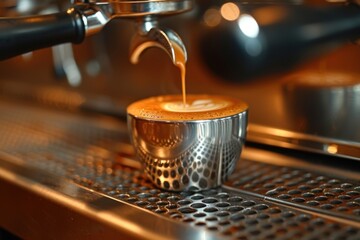 Brewing espresso: pouring coffee into a cup