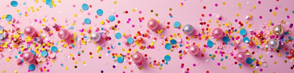 Fototapeta na wymiar Colorful confetti and glitter balls on a vibrant pink background
