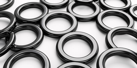 Scattered black and silver bearings on a white surface. - obrazy, fototapety, plakaty