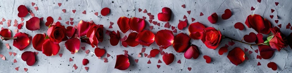 Red rose petals and hearts scattered on a grey textured surface.