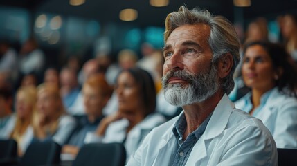 A focused elderly medical professional with a beard listening attentively at a healthcare conference among peers.Engaged Medical Professionals at a Seminar - obrazy, fototapety, plakaty