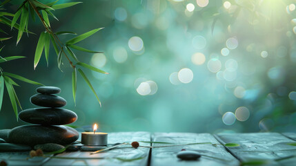 Obraz na płótnie Canvas Calm, balanced stack of black massage stones, glow of candles and bamboo leaves on a green background, spa background