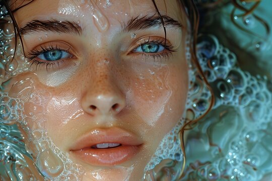 A highly detailed close-up of a person's face covered in water droplets, highlighting their captivating blue eyes and water texture