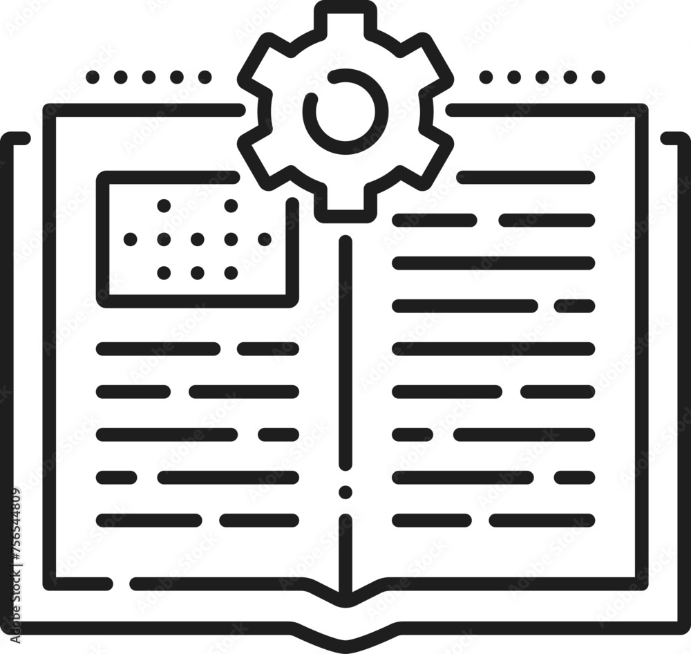 Poster hardware manual icon for computer pc instruction guide book, vector line symbol. pc or laptop system